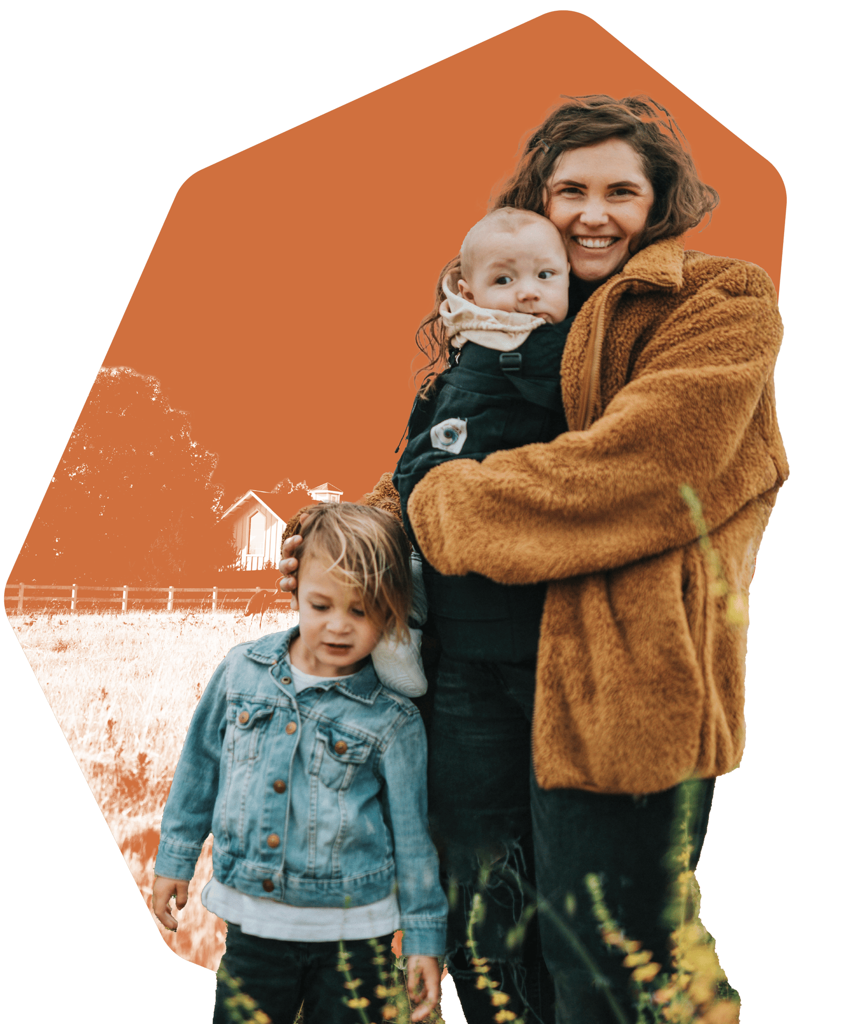 mom with teo kids on a feild orange-48-1